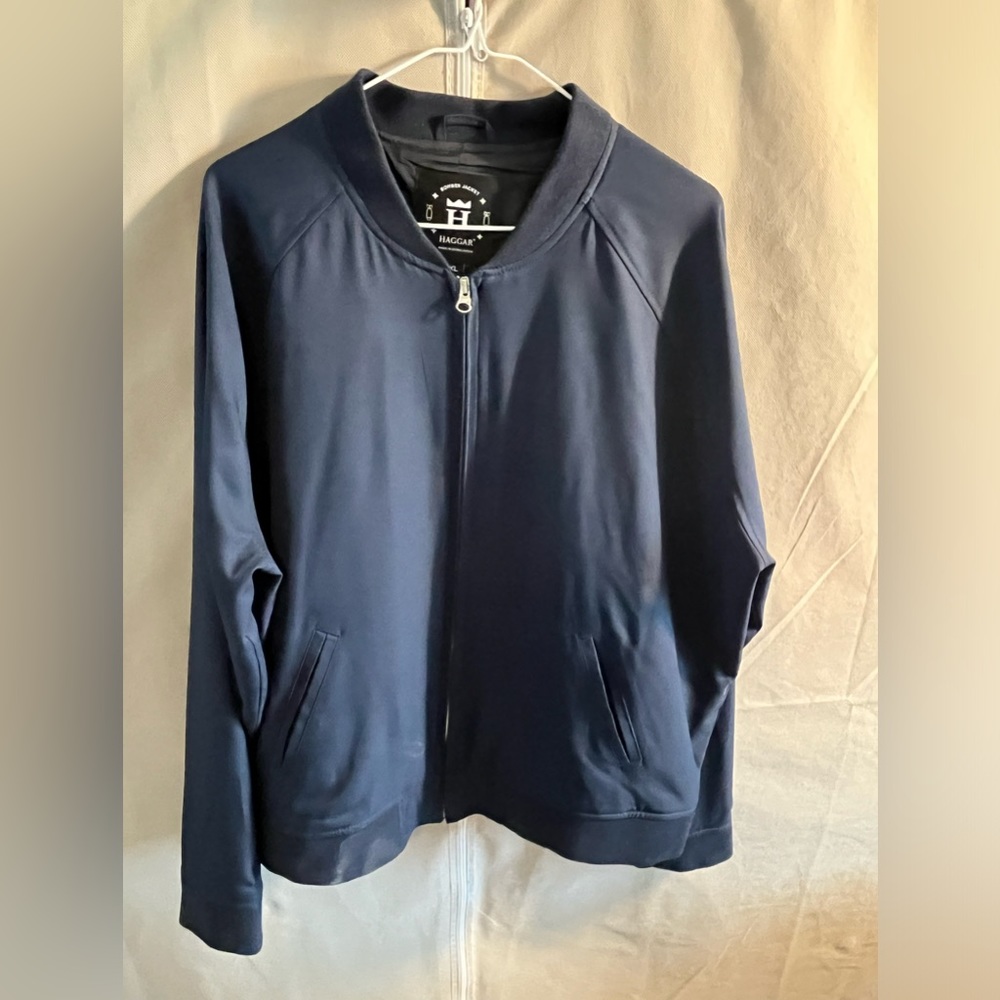 Haggar Stretch Gabardine Solid Full-Zip Bomber Jacket, Navy, XL